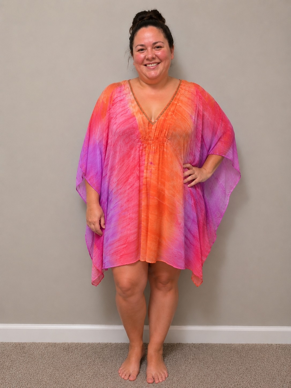Jennifer Lopez V-Neck Tie-Dye Dress in Orange & Pink